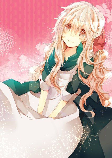 Anime picture 1180x1668 with kagerou project shaft (studio) mary (kagerou project) fueruto (artist) single long hair tall image looking at viewer blush simple background sitting white hair light smile wavy hair white eyes girl apron