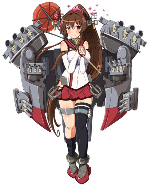 Anime picture 1010x1234 with kantai collection yamato super battleship shin'en (gyokuro company) single long hair tall image looking at viewer blush simple background smile brown hair white background ponytail pink eyes hair flower girl thighhighs skirt hair ornament flower (flowers)