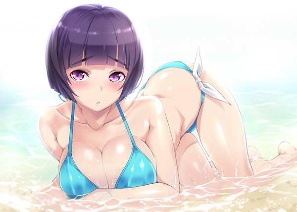 Anime picture 1600x1142 with eromanga sensei a-1 pictures senju muramasa nagayori single looking at viewer blush fringe short hair breasts light erotic large breasts purple eyes purple hair blunt bangs sparkle beach eyebrows arched back girl