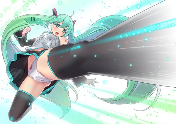 Anime picture 1200x847 with vocaloid hatsune miku ama mitsuki single blush open mouth light erotic twintails very long hair aqua eyes aqua hair girl thighhighs skirt hair ornament underwear panties black thighhighs detached sleeves miniskirt