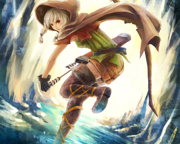 Anime picture 2560x2048 with dragon's crown vanillaware elf (dragon's crown) long hair highres breasts brown eyes white hair braid (braids) looking back twin braids blue background running girl gloves weapon black gloves water shoes hood