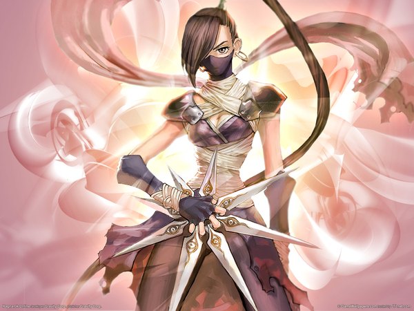 Anime picture 1600x1200 with ragnarok online single fringe brown hair brown eyes ponytail very long hair hair over one eye inscription girl gloves weapon earrings armor fingerless gloves mask bandage (bandages) spaulder (spaulders)