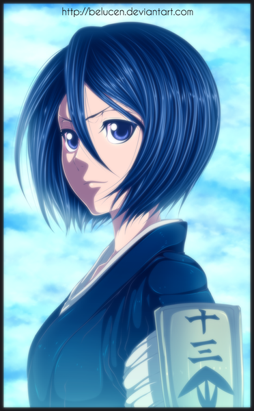 Anime picture 620x1000 with bleach studio pierrot kuchiki rukia belucen single tall image short hair blue eyes black hair sky cloud (clouds) traditional clothes japanese clothes light smile coloring portrait framed girl kimono
