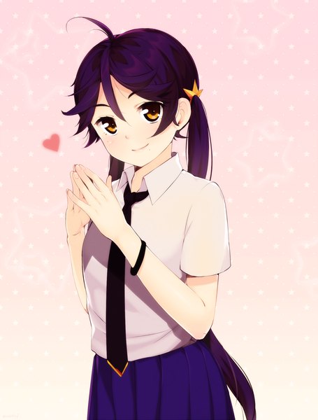 Anime picture 1280x1687 with original eventh7 single long hair tall image looking at viewer twintails brown eyes purple hair ahoge fingers together girl skirt shirt necktie bracelet heart