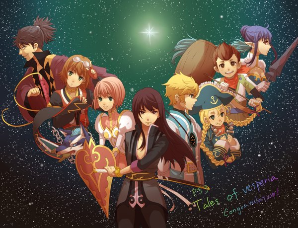 Anime picture 1763x1350 with tales of (series) tales of vesperia yuri lowell estellise sidos heurassein flynn scifo judith rita mordio karol capel patty fleur raven (tales of vesperia) tagme (artist) long hair highres short hair blonde hair red eyes standing multiple girls brown eyes green eyes