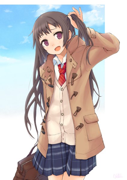 Anime picture 900x1273 with original okiru (artist) single long hair tall image open mouth black hair purple eyes girl skirt uniform school uniform jacket school bag