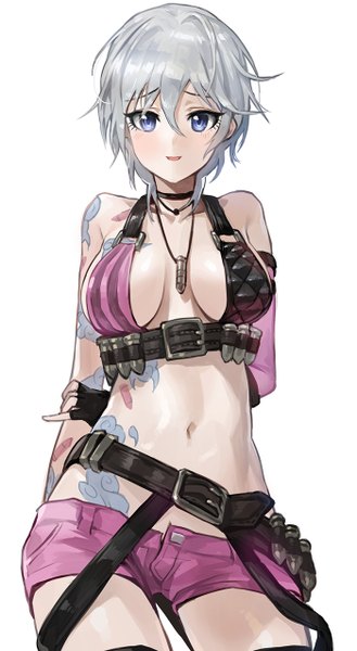 Anime picture 700x1274 with idolmaster idolmaster cinderella girls league of legends anastasia (idolmaster) modare single tall image looking at viewer blush fringe short hair breasts blue eyes light erotic simple background standing white background silver hair light smile tattoo