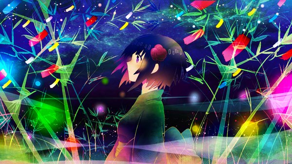 Anime picture 1920x1080 with original kurono (artist) single highres short hair black hair wide image purple eyes looking away profile hair flower wind tanabata girl hair ornament yukata