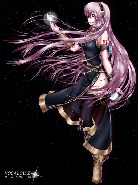 Anime picture 1030x1380 with vocaloid megurine luka nohoho (kakikonchi) single long hair tall image blue eyes pink hair midriff tears girl thighhighs black thighhighs boots headphones feather (feathers)