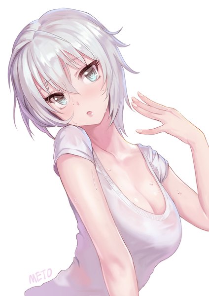 Anime picture 700x990 with idolmaster idolmaster cinderella girls anastasia (idolmaster) meto31 single tall image looking at viewer blush fringe short hair breasts open mouth blue eyes light erotic simple background hair between eyes large breasts white background signed silver hair