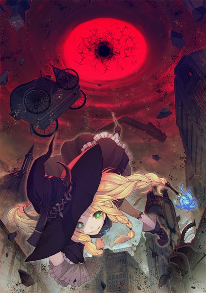 Anime picture 1200x1703 with original kimura daisuke tall image blonde hair smile twintails green eyes braid (braids) city flying witch destruction red moon hole girl dress gloves witch hat