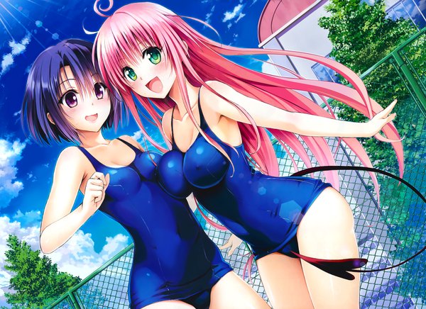 Anime picture 1788x1300 with toloveru toloveru darkness xebec lala satalin deviluke sairenji haruna ulquiorra90 long hair looking at viewer blush highres short hair breasts open mouth light erotic smile multiple girls green eyes blue hair pink hair tail