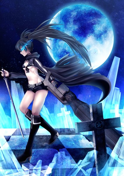 Anime picture 2481x3509 with black rock shooter black rock shooter (character) greave (asterism) long hair tall image highres blue eyes black hair twintails night midriff glowing glowing eye (eyes) checkered floor girl navel weapon sword shorts moon