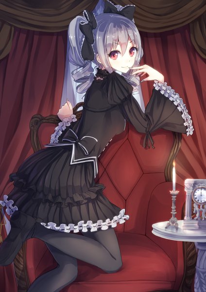 Anime picture 2480x3508 with idolmaster idolmaster cinderella girls kanzaki ranko konkito single long hair tall image looking at viewer fringe highres smile red eyes standing twintails silver hair looking back kneeling drill hair finger to mouth girl