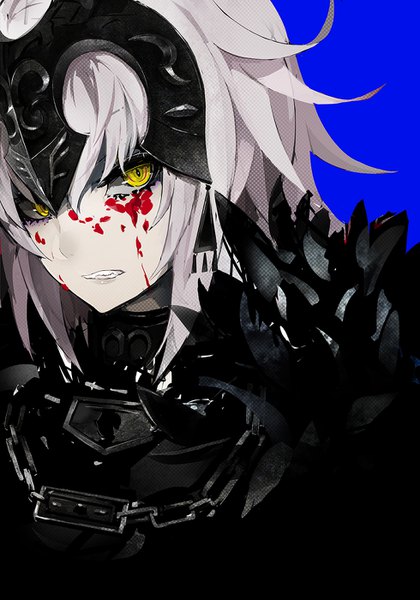 Anime picture 980x1400 with fate (series) fate/grand order jeanne d'arc (fate) (all) jeanne d'arc alter (fate) lam (ramdayo) single tall image looking at viewer short hair simple background yellow eyes upper body grey hair teeth blue background angry clenched teeth girl armor blood