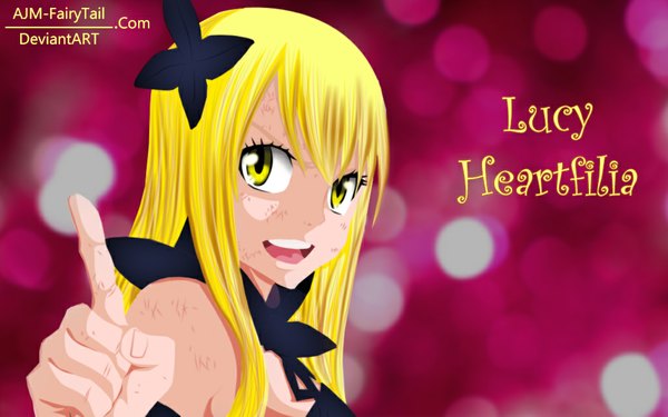 Anime picture 1024x640 with fairy tail lucy heartfilia ajm-fairytail single long hair open mouth blonde hair smile wide image yellow eyes inscription coloring girl bow hair bow