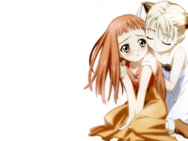 Anime picture 1600x1200 with last exile gonzo lavie head alvis hamilton range murata long hair blonde hair white background sitting multiple girls eyes closed parted lips orange hair grey eyes wariza third-party edit extended hand on shoulder girl dress