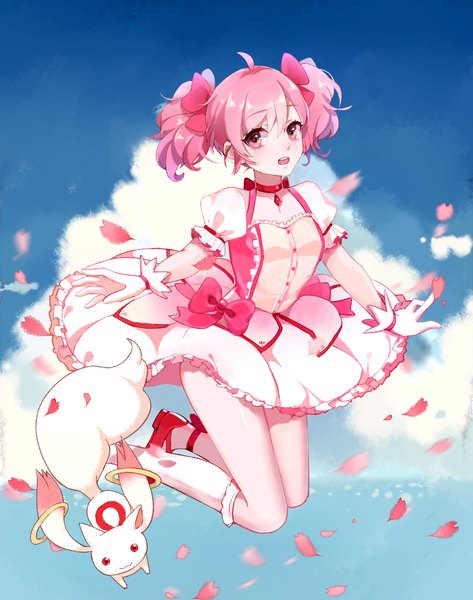 Anime picture 1800x2284 with mahou shoujo madoka magica shaft (studio) kaname madoka kyuubee maorzshu single tall image looking at viewer fringe highres short hair open mouth twintails pink hair sky ahoge bent knee (knees) outdoors pink eyes short sleeves
