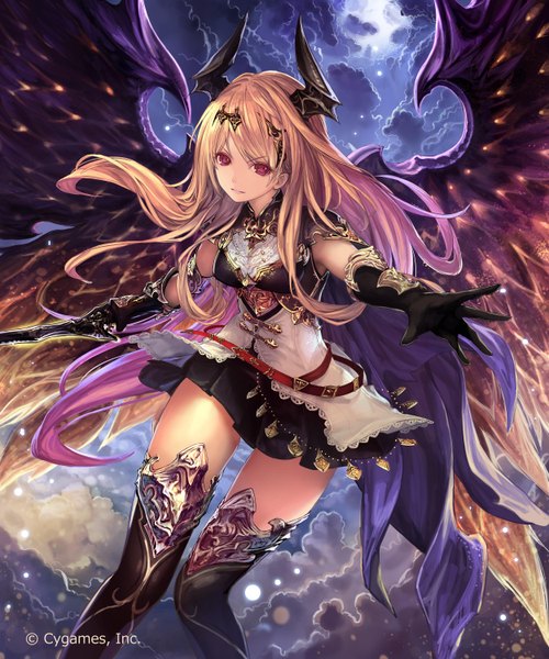 Anime picture 2500x3000 with shingeki no bahamut dark angel olivia tachikawa mushimaro (bimo) single long hair tall image looking at viewer highres red eyes payot cloud (clouds) horn (horns) orange hair outstretched arm watermark demon girl jpeg artifacts girl skirt gloves