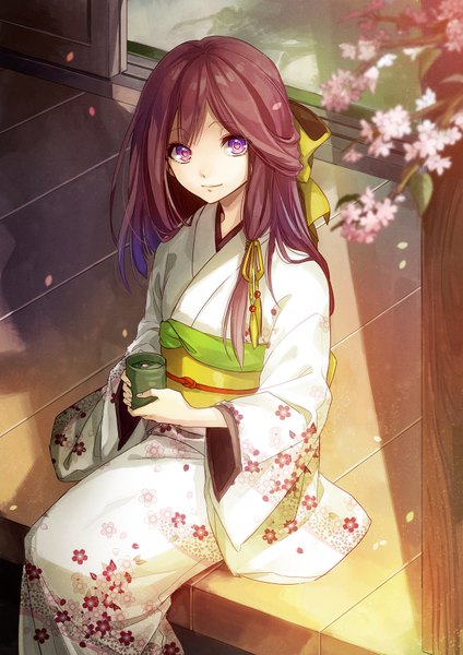 Anime picture 1240x1754 with original amaichi esora single long hair tall image looking at viewer fringe smile brown hair sitting purple eyes holding bent knee (knees) long sleeves traditional clothes japanese clothes sunlight wide sleeves cherry blossoms floral print