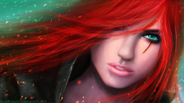 Anime picture 1920x1080 with league of legends katarina (league of legends) magicnaanavi single long hair looking at viewer blush fringe highres open mouth wide image green eyes red hair lips hair over one eye realistic teeth scar girl fire