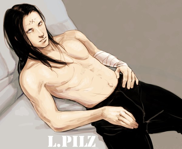 Anime picture 1626x1339 with naruto studio pierrot naruto (series) hyuuga neji l.pilz single long hair looking at viewer light erotic simple background brown hair purple eyes nipples lying inscription topless boy navel pants bandage (bandages)