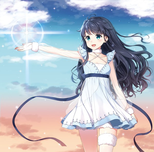 Anime picture 800x787 with original masuishi kinoto single long hair blush fringe open mouth black hair smile standing looking away sky cloud (clouds) ahoge long sleeves :d aqua eyes wind sparkle midriff