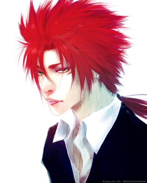 Anime picture 824x1030 with final fantasy vii advent children final fantasy final fantasy vii square enix reno kidneh single long hair tall image looking at viewer simple background white background green eyes red hair inscription open collar boy earrings shirt tongue