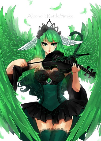 Anime picture 900x1251 with original alcoholicrattlesnake single long hair tall image simple background white background holding green eyes very long hair pleated skirt multicolored hair hair flower green hair lips two-tone hair gradient hair head wings playing instrument music