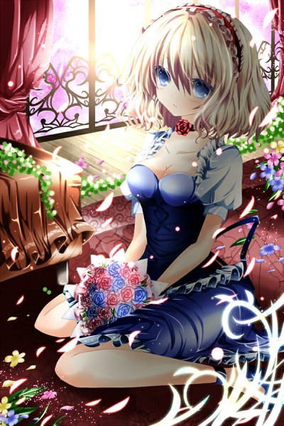 Anime picture 700x1050 with touhou alice margatroid nanase nao single tall image looking at viewer short hair blue eyes blonde hair sitting girl dress flower (flowers) petals hairband bouquet