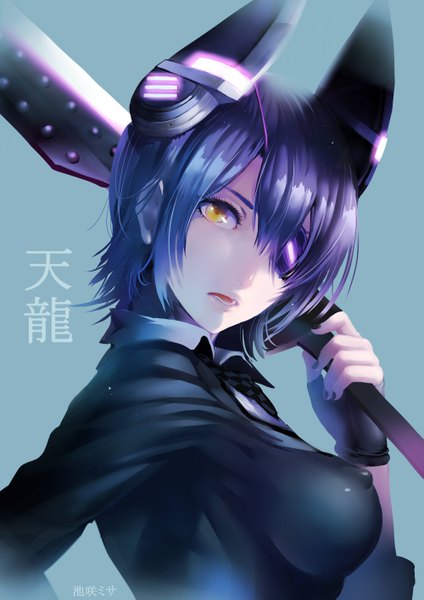 Anime picture 1000x1414 with kantai collection tenryuu light cruiser ikezaki misa single tall image looking at viewer highres short hair breasts open mouth light erotic simple background large breasts yellow eyes purple hair lips erect nipples covered nipples close-up blue background