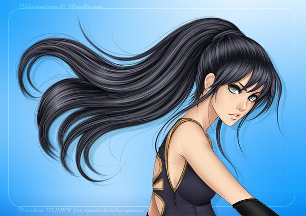 Anime picture 1132x800 with original m-aelis single long hair looking at viewer black hair simple background ponytail grey eyes blue background girl clothes