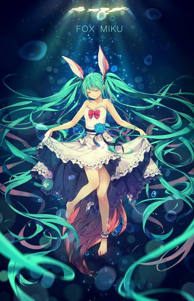 Anime picture 1000x1550 with vocaloid hatsune miku yohan12 single tall image fringe smile twintails bare shoulders payot full body tail eyes closed very long hair animal tail barefoot aqua hair fox tail underwater girl