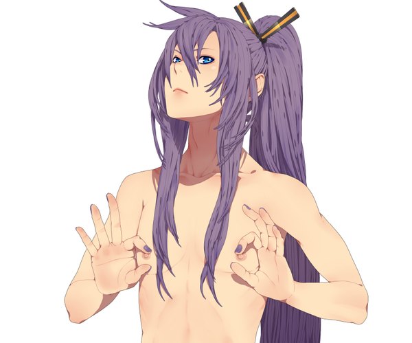 Anime picture 1700x1416 with vocaloid kamui gakupo nayu single long hair looking at viewer fringe blue eyes light erotic simple background white background purple eyes purple hair nipples ponytail nail polish fingernails lips muscle boy