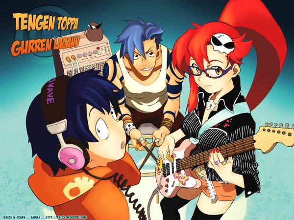 Anime picture 1600x1200 with tengen toppa gurren lagann gainax yoko littner simon kamina boota glasses guitar
