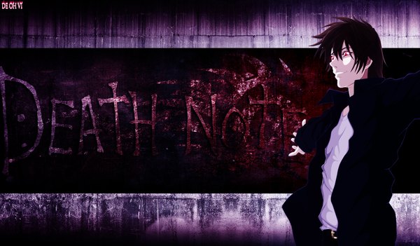 Anime picture 2388x1400 with death note madhouse yagami light deohvi single highres short hair red eyes brown hair wide image looking away inscription copyright name coloring dark background spread arms evil grin boy jacket belt