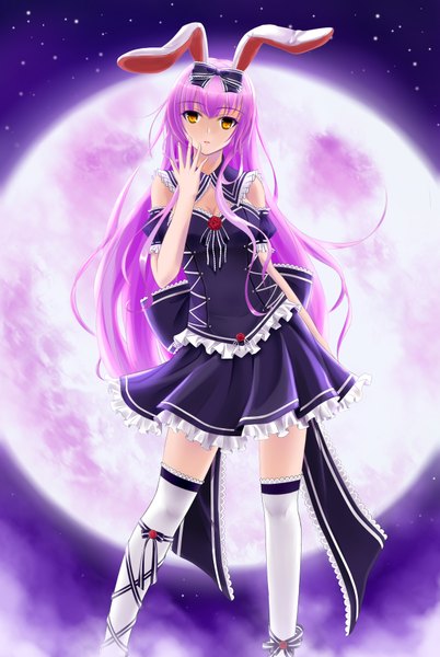 Anime picture 2480x3700 with touhou reisen udongein inaba tipyhoho single long hair tall image highres yellow eyes pink hair night bunny ears bunny girl girl thighhighs bow hair bow white thighhighs moon