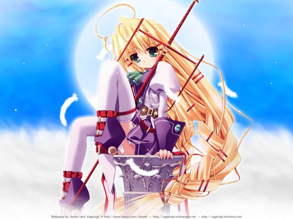 Anime picture 1600x1200 with prism ark priecia ohno tetsuya vagetogt single looking at viewer fringe blonde hair hair between eyes sitting green eyes signed ahoge very long hair third-party edit sheathed girl thighhighs weapon white thighhighs