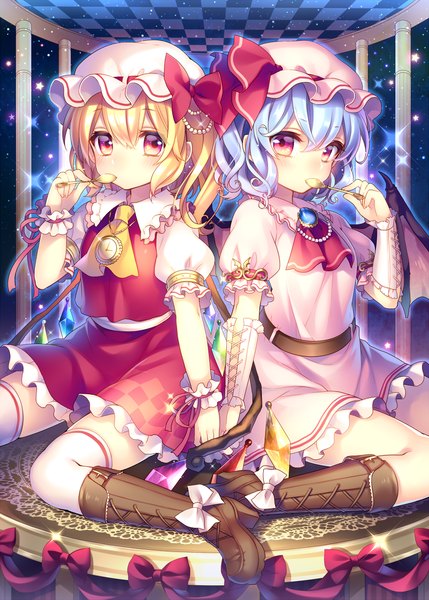 Anime picture 906x1268 with touhou flandre scarlet remilia scarlet masaru.jp tall image looking at viewer short hair blonde hair red eyes sitting multiple girls blue hair ponytail side ponytail holding hands siblings sisters girl thighhighs skirt