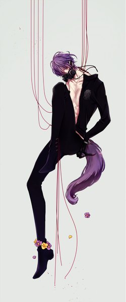 Anime picture 476x1142 with lucky dog giulio di bondone komichi96 single tall image looking at viewer fringe short hair simple background purple eyes purple hair full body bent knee (knees) tail animal tail hair over one eye grey background open clothes boy flower (flowers)