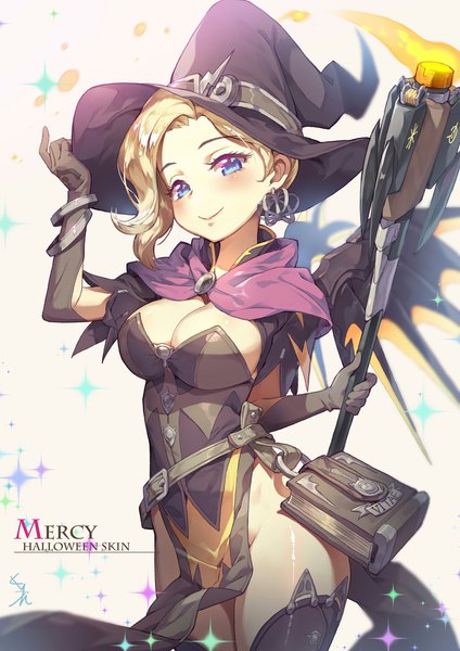 Anime picture 1448x2048 with overwatch blizzard entertainment mercy (overwatch) witch mercy kakiman (artist) single tall image looking at viewer blush fringe short hair breasts blue eyes light erotic simple background blonde hair smile large breasts standing white background