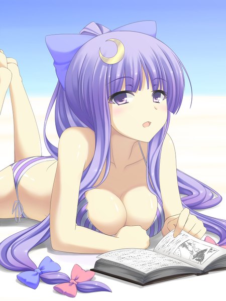 Anime picture 1200x1600 with touhou patchouli knowledge ac (eshi) single long hair tall image breasts light erotic purple eyes cleavage purple hair girl bow swimsuit hair bow bikini book (books) striped bikini