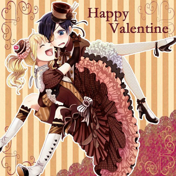 Anime picture 1000x1000 with kuroshitsuji a-1 pictures ciel phantomhive elizabeth middleford long hair blush highres short hair open mouth blue eyes black hair blonde hair smile eyes closed hug valentine striped background girl dress gloves