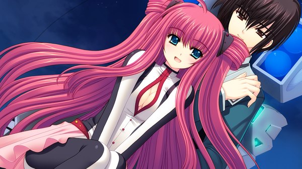 Anime picture 1280x720 with world wide love! (game) yamino yumeko long hair blue eyes black hair red eyes wide image twintails game cg red hair girl boy
