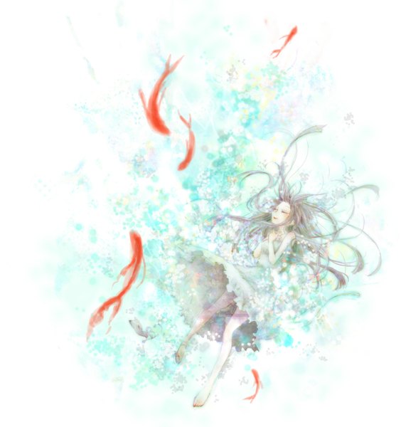 Anime picture 1078x1132 with kimi ni todoke production i.g kuronuma sawako xuefen single long hair tall image blush open mouth simple background brown hair eyes closed barefoot legs hand on chest girl dress fish (fishes)
