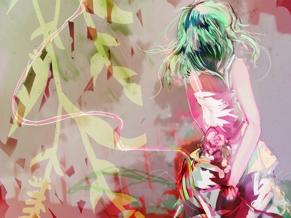 Anime picture 1600x1200 with vocaloid gumi zigemu single short hair multicolored hair green hair from behind alternate costume back multiple tails multicolored girl dress flower (flowers) ribbon (ribbons) plant (plants)