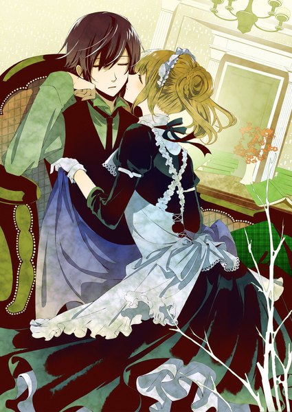 Anime picture 700x989 with original kuroyuki long hair tall image fringe short hair black hair hair between eyes brown hair eyes closed profile arm support maid hair bun (hair buns) leaning leaning forward couple sleeping face to face almost kiss