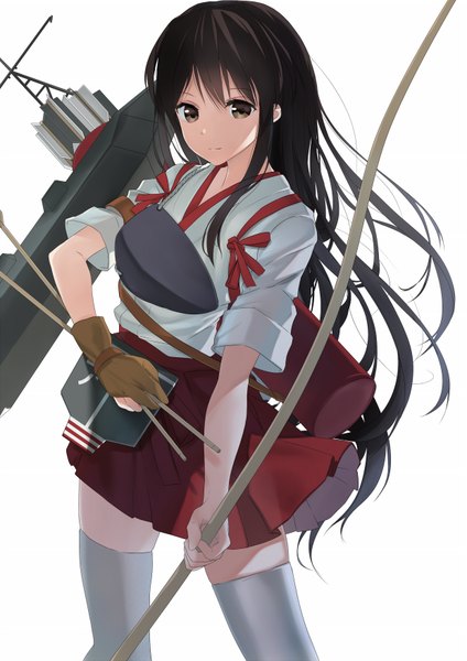 Anime picture 1240x1753 with kantai collection akagi aircraft carrier u.n.k. single long hair tall image looking at viewer fringe black hair simple background standing white background brown eyes traditional clothes japanese clothes pleated skirt light smile short sleeves girl thighhighs