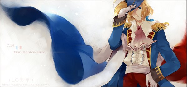 Anime picture 1605x750 with axis powers hetalia studio deen france (hetalia) lc hi ji (saiyki) fringe short hair blonde hair smile wide image white background traditional clothes hair over one eye hand on hip boy gloves hat neckerchief flag french flag