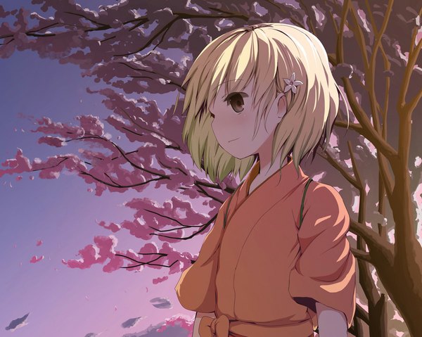 Anime picture 1024x819 with hanasaku iroha p.a. works matsumae ohana single blush short hair blonde hair brown eyes traditional clothes cherry blossoms girl hair ornament plant (plants) tree (trees)